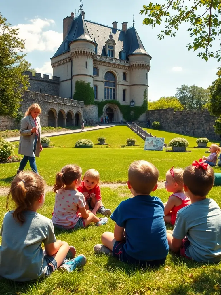 A group of children participating in an educational workshop at Château de Busset, learning about the castle's history through interactive activities.