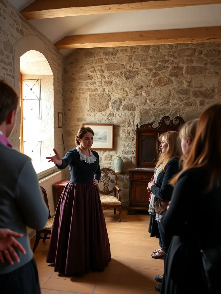 A serene photo of a guided tour group exploring the interior of Château de Busset, led by a knowledgeable guide sharing historical insights.