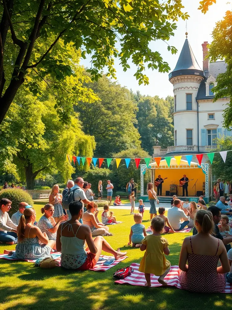 A picturesque image of the Château de Busset gardens during a summer festival, with families enjoying outdoor activities and musical performances.