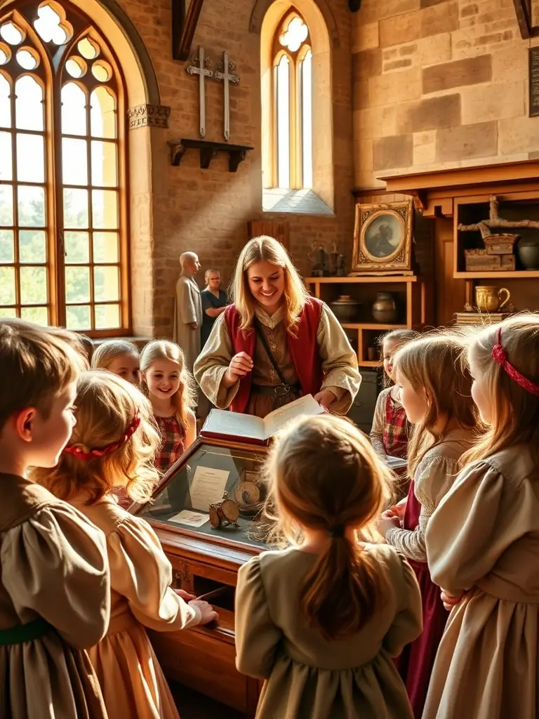A group of children participating in an educational workshop at Château de Busset, learning about medieval history through interactive games and storytelling.