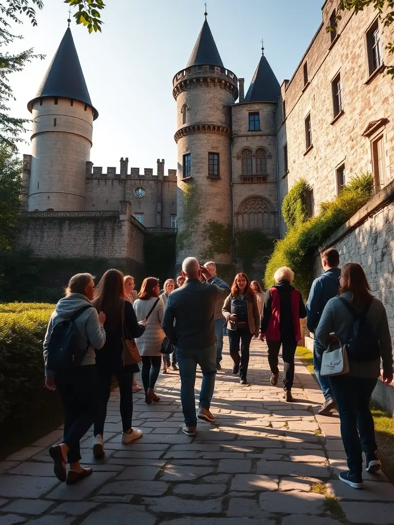 A picturesque shot of a guided tour group exploring the Château de Busset, led by a knowledgeable guide pointing out architectural details.