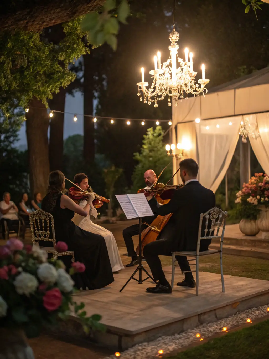 A captivating image of a classical music concert held in the gardens of Château de Busset, showcasing musicians performing under the evening sky.