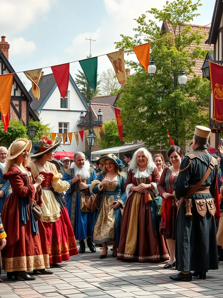 A vibrant photograph capturing a historical reenactment at Château de Busset, showcasing actors in period costumes engaging with visitors.
