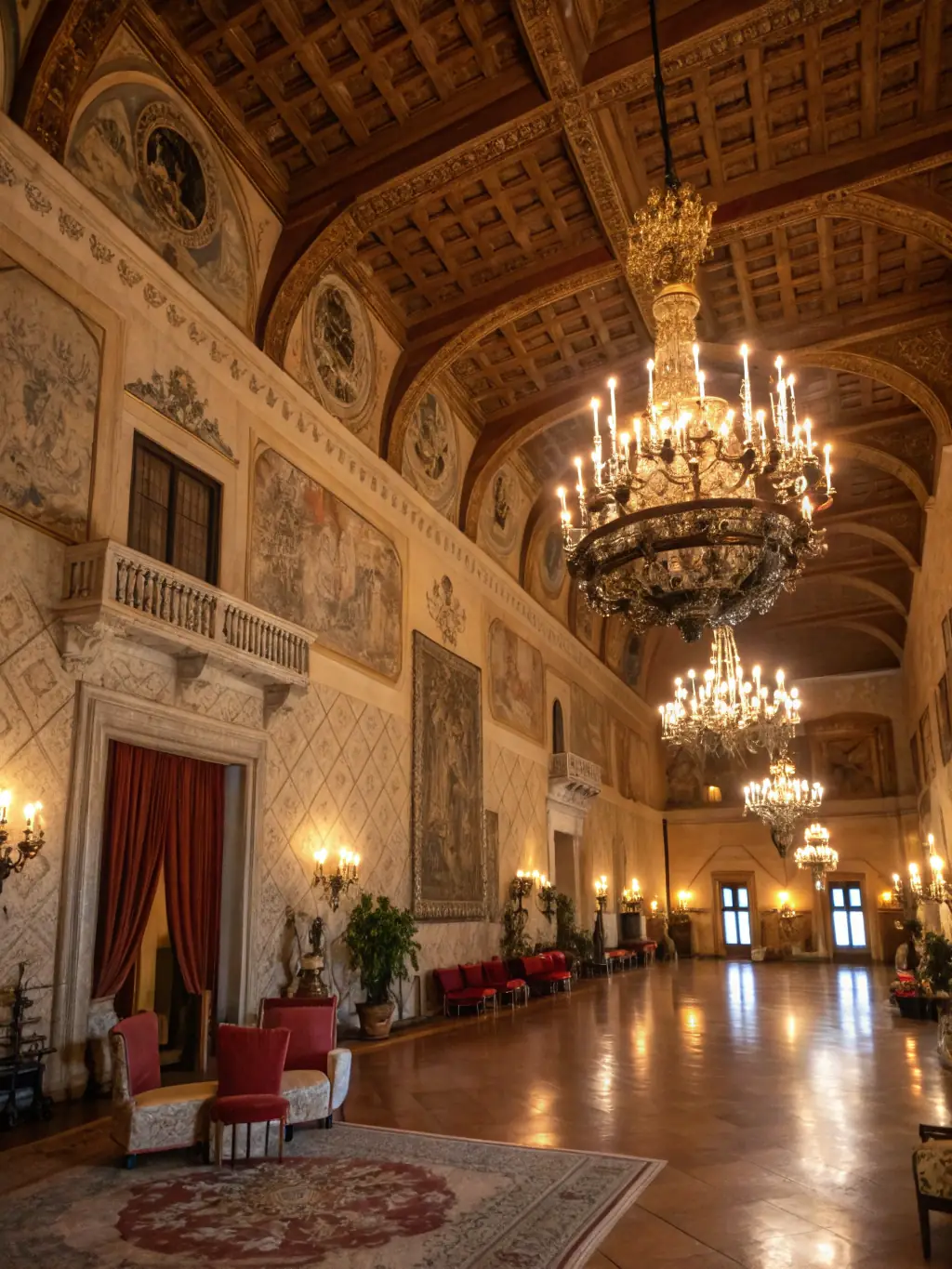 A group of visitors exploring the castle's grand hall with a guide explaining its history, showcasing the Heritage Tours program.