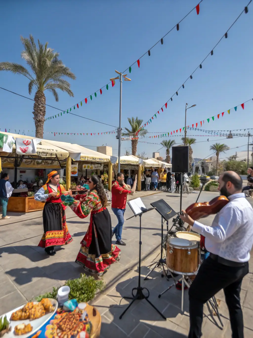A lively outdoor festival with music, traditional costumes, and visitors enjoying the event, representing the Cultural Events program.