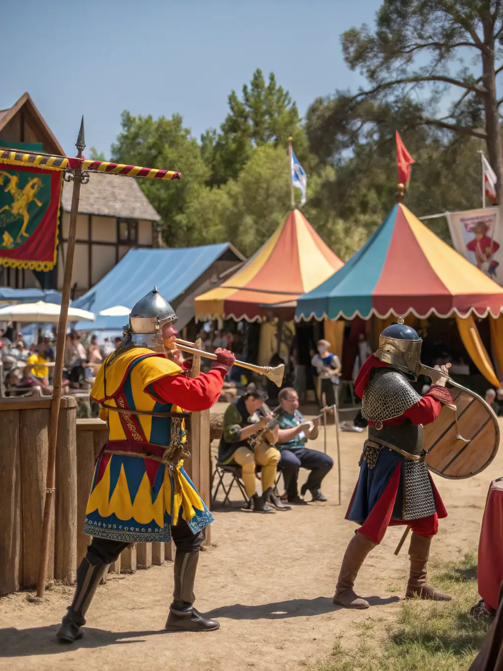 A vibrant photograph capturing a historical reenactment at Château de Busset, featuring performers in period costumes engaging with an audience.